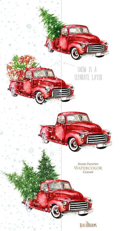 Watercolor Christmas Truck Vintage Red Pickup Pine Tree Etsy