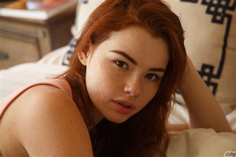 In Bed Bare Shoulders Women Pillow Sabrina Lynn Redhead Face Looking At Viewer 1080p