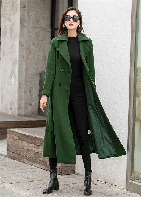 british style long wool coat in green warm coat women vintage winter coat fit and flare solid