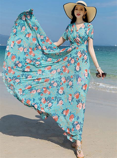 Dresses Maxi Dresses Blue Floral V Neck Chiffon Beach Dress