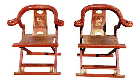 Antique Chinese Red Folding Merchant Chairs A Pair On