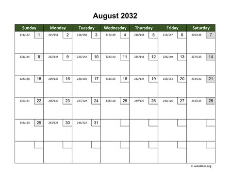 August 2032 Calendar With Day Numbers