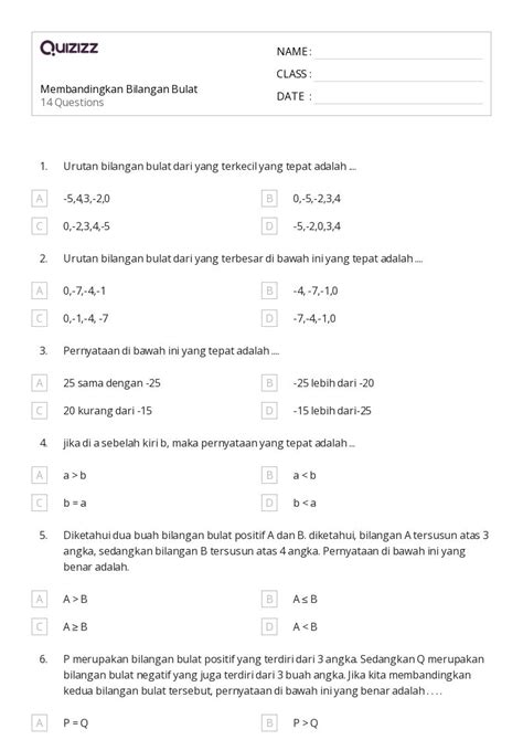 50 Lembar Kerja Membandingkan Bilangan 11 20 Untuk Kelas 7 Di Quizizz