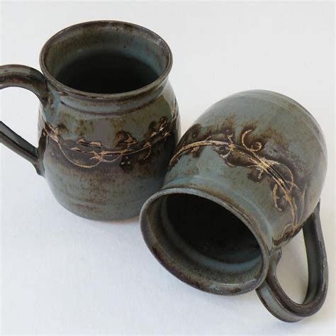 One Handmade Oz Stoneware Coffee Mug Decorative Gray Blue Etsy
