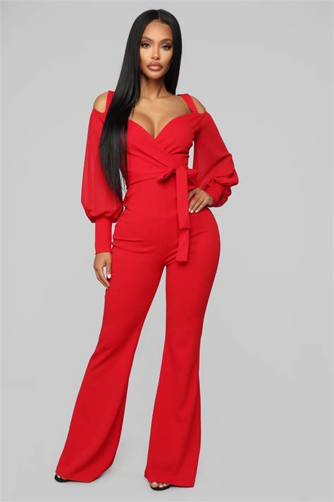 Available In Red And Black Cold Shoulder Jumpsuit Surplice Neckline