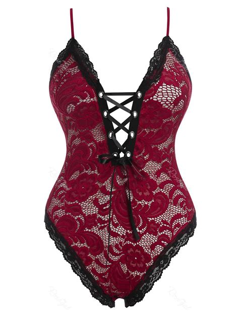 Plus Size Lace Up Lingerie Sheer Lace Teddy 34 Off Rosegal