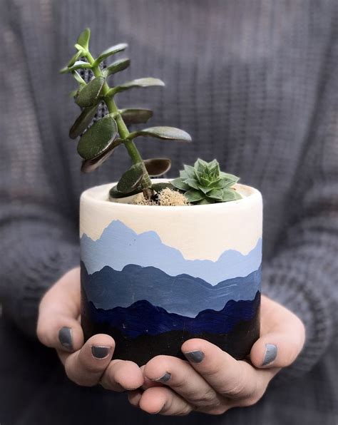 Mountain Range Hand Painted Succulent Planter Echo Lit Flower Pot Art
