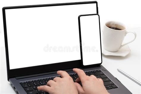 Mockup Device Female Hands Typing On Laptop Keyboard With Blank White