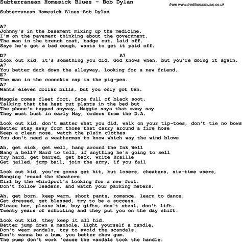 Song Subterranean Homesick Blues By Bob Dylan Song Lyric For Vocal