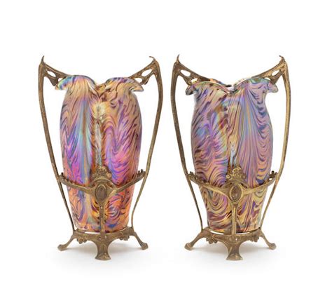 Bonhams A Pair Of Art Nouveau Kralik Gilt Metal Mounted Iridescent Glass Vases Circa 1900