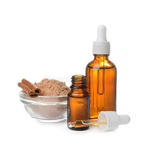 Bottles With Cinnamon Oil Powder And Sticks Stock Image Image Of