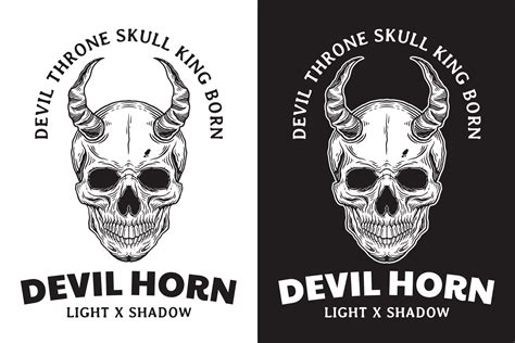 Set Skull Devil Horn Head Hand Drawn Hatching Outline Symbol Tattoo