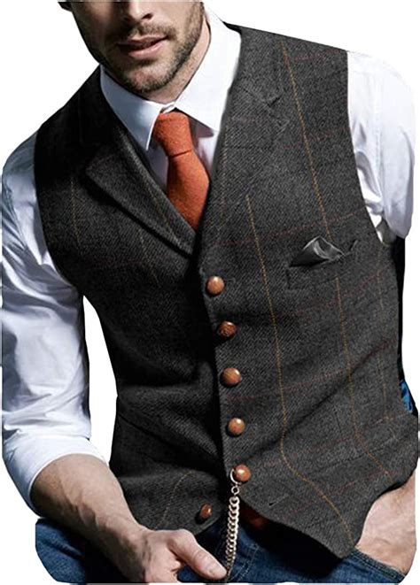 Aesido Casual Mens Vest For Wedding Plaid Soft Wool Tweed Waistcoat