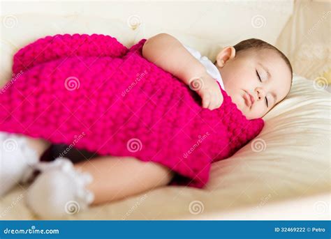Sleeping Baby Covered With Knitted Blanket Stock Photo Image Of