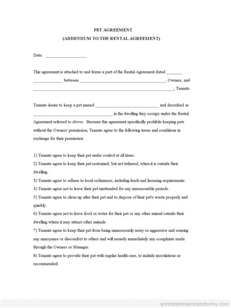 Free Printable Pet Addendum Forms Owners Pet Agreement