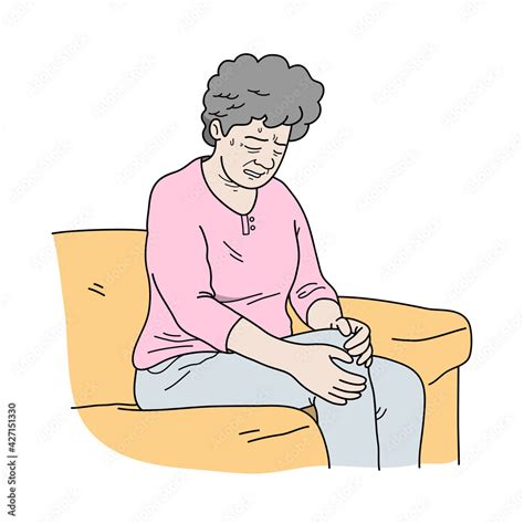 Elderly Woman Sitting On Couch Holding Her Knee In Pain A Hand Drawn