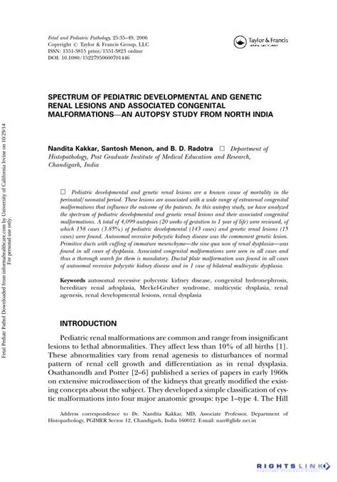 Pdf Spectrum Of Pediatric Developmental And Genetic Renal Lesions And