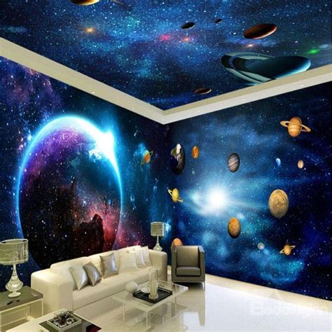Dark Blue Starry Sky And Planet Pattern 3d Waterproof Ceiling And Wall