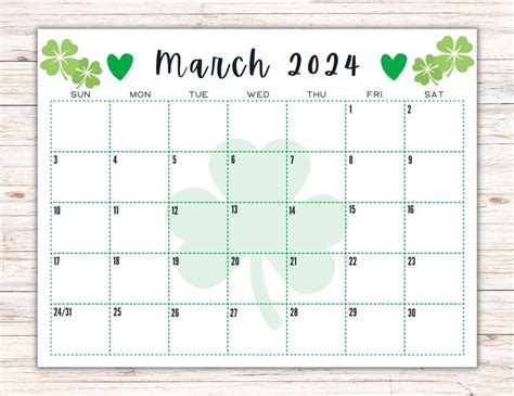 Editable Printable March Calendar 2024 St Patricks Day Etsy