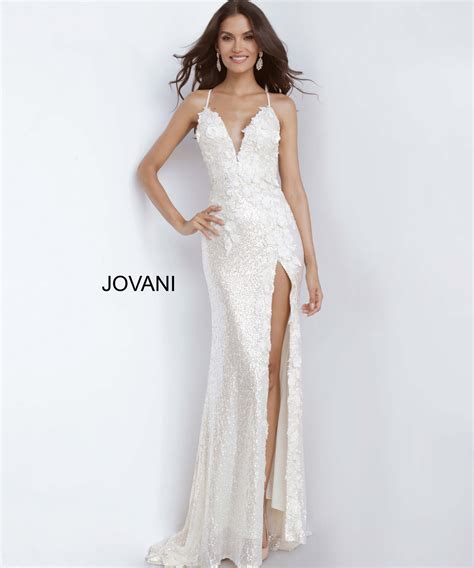 Jovani Dress 1012 Cream Floral Plunging Prom Dress