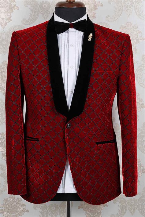 Red Velvet Slim Fit Trendy Embroidered Suit With Shawl Lapel St400