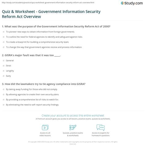 Quiz & Worksheet - Government Information Security Reform Act Overview