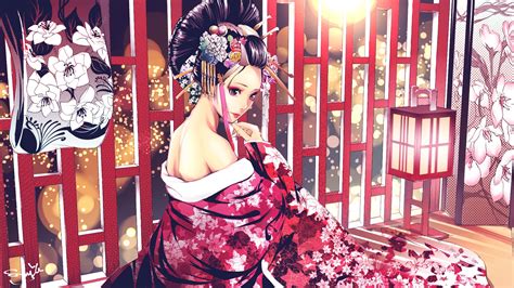 Anime Girls Japanese Clothes Artwork Back Japanese Art Smile