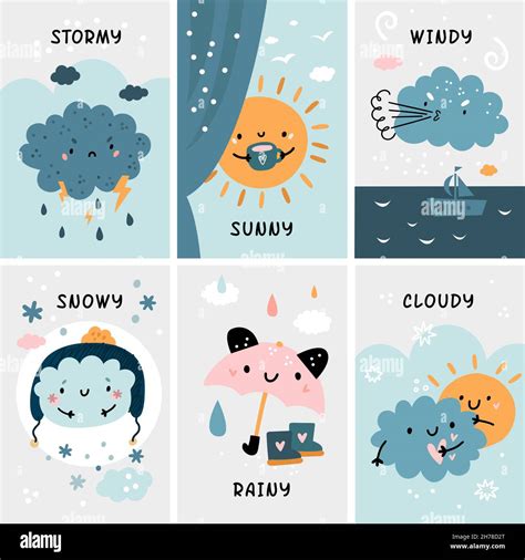 Cute Baby Weather Cards Childish Educational Posters With Different