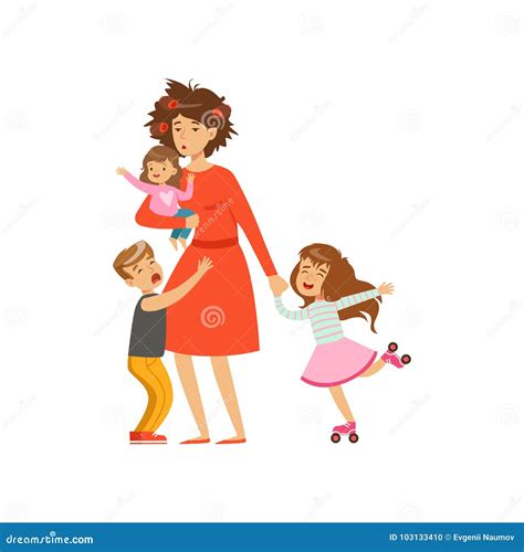 Tired Mother With Crazy Hair And Her Three Kids In Cartoon Style Vector