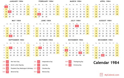 1984 Calendar With Holidays Free Printable Calendar