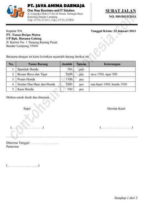 Contoh Surat Jalan Pengiriman Barang / Surat Pengantar Barang
