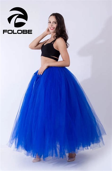 Folobe Handmade Stock Royal Blue Pleated Maxi Puffy Tulle Skirts Womens Elegant Big Swing Long