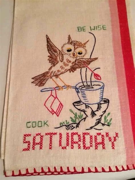Owl Vintage Dish Towels Days Of The Week Owls Hand Embroidered Linen Vintage Embroidery