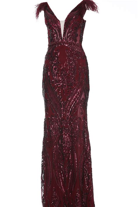 Jovani 3180 Black Sequin Embellished Feather Prom Dress