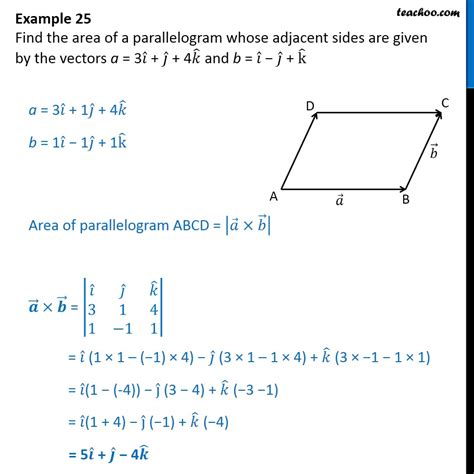 There are three cases to be analysed: Example 25 - Find area of a parallelogram whose a = 3i + j ...