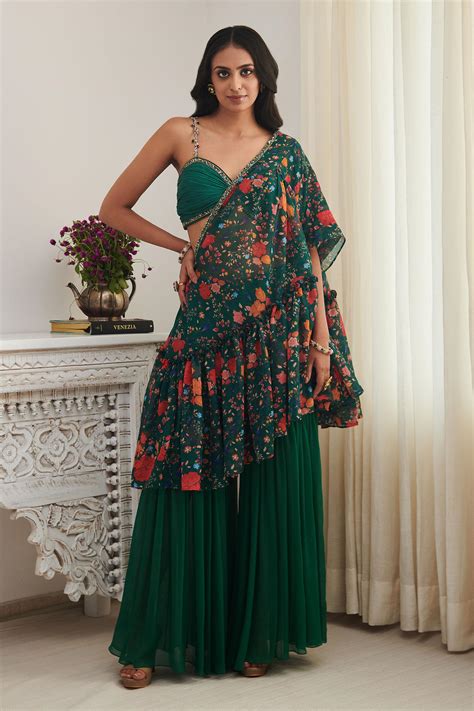 Buy Shasha Gaba Green Chiffon Embroidered Floral Print Shrug Gharara