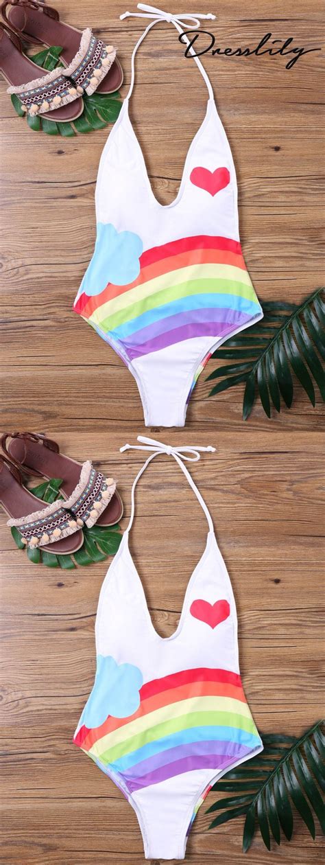 One Piece Plunging Neckline Rainbow Swimwear Swimwear Pretty Bikinis One Piece Swimwear