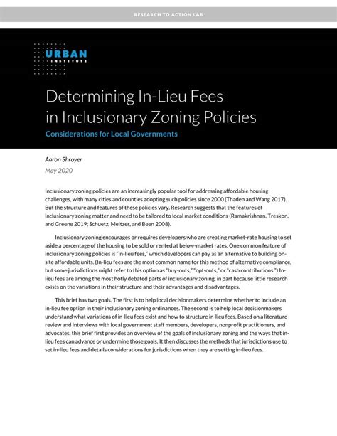 Determining In Lieu Fees In Inclusionary Zoning Policies Considerations