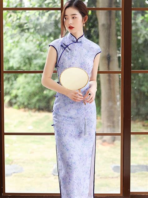 light purple floral maxi cheongsam qipao dress cozyladywear