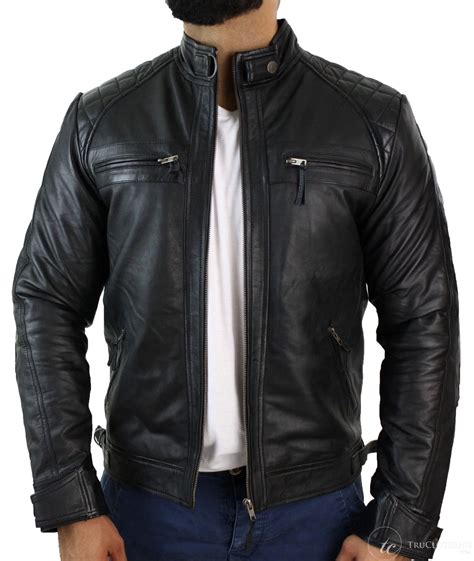 Real Leather Retro Style Zipped Mens Biker Jacket Soft Black Casual