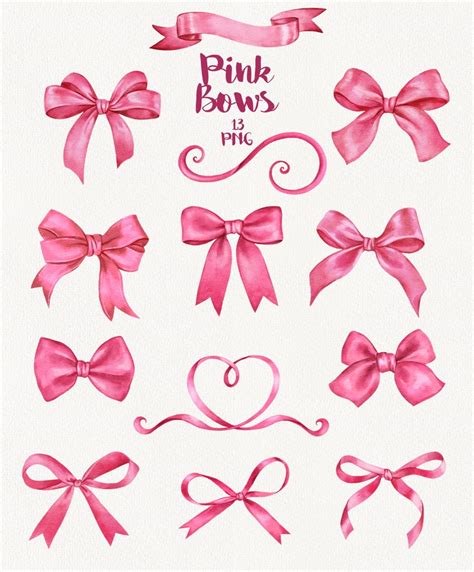 Watercolor Pink Bows Clipart Handpainted Silk Bow Romantic Etsy