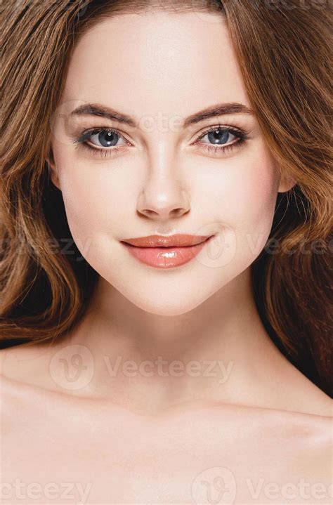 Beautiful Woman Face Close Up Portrait Happy Studio On White
