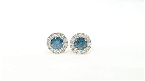 Fancy Blue Diamond Round Cut Halo Diamond Stud Earrings18Kt Gold