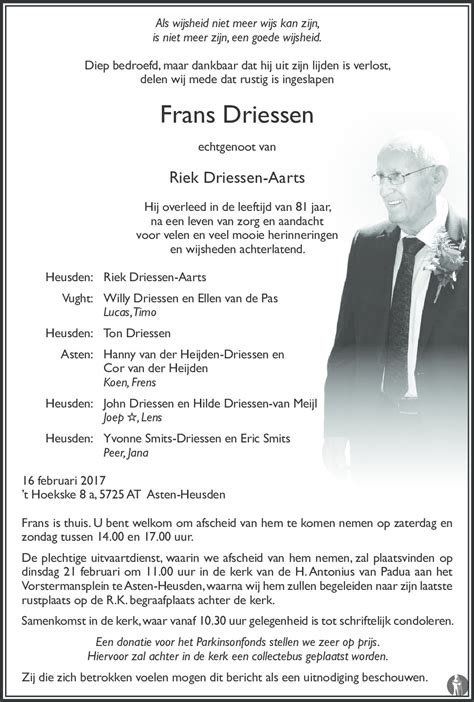 Frans Driessen 16-02-2017 overlijdensbericht en condoleances - Mensenlinq.nl