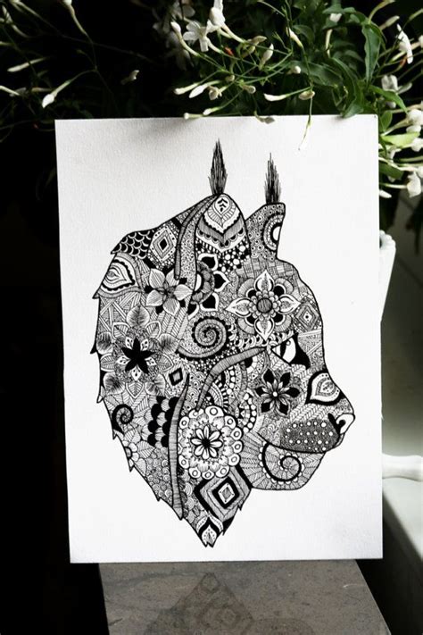 A One Of A Kind Artwork Of A Black And White Lynx In Mandala Patterns