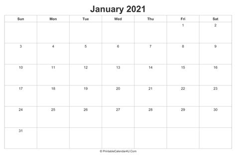 January 2021 Calendar Printable Landscape Layout