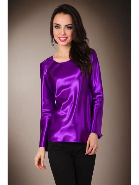 Purple Violet Satin Long Sleeved T Shirt Blouse Blouse Satin Fashion