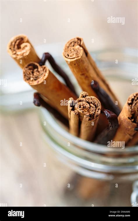 Cinnamon And Vanilla Sticks In A Glass Container Stock Photo Alamy