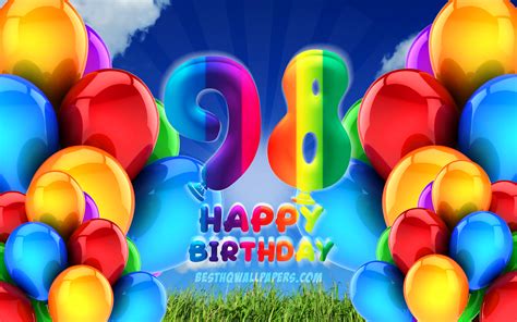 Download Wallpapers 4k Happy 98 Years Birthday Cloudy Sky Background