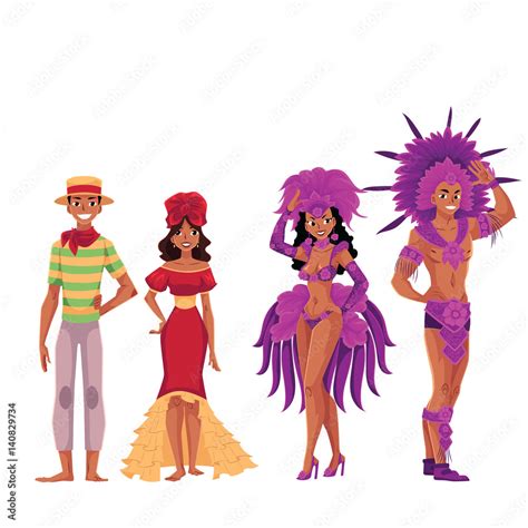 Set Of Brazilian People Men And Women In Traditional Costumes For Samba Carnival Cartoon